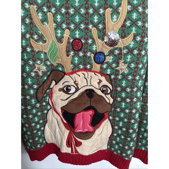 Ugly Christmas Sweater Pug Dog Reindeer Knit Pullover Large 14 16 Blizzard Bay - Picture 4 of 5